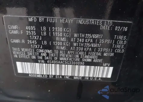 2016 Subaru Outback 2.5I from USA, damaged, VIN 4S4BSAAC5G3300090